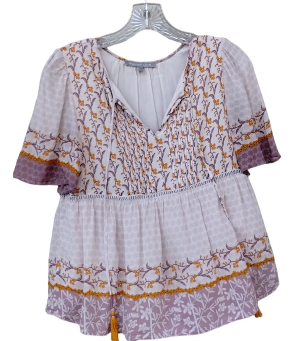 Daniel Rainn Cottage Boho Peasant Tassel Top Blouse Rayon Size S Pleated Floral